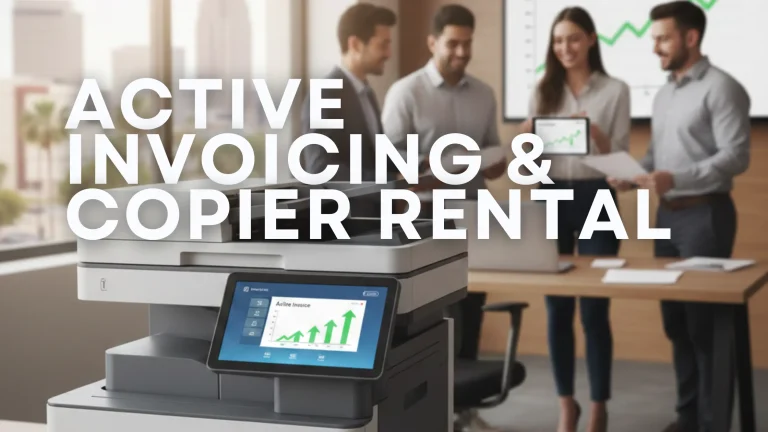 Modern white multifunction office copier in a Fresno business setting with a professional team discussing active invoicing growth charts in the background.
