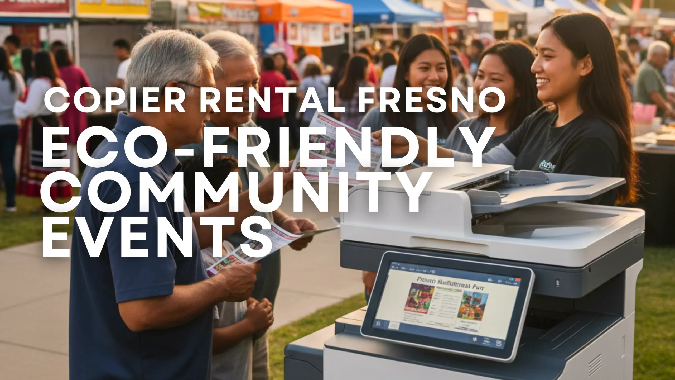 Clear Choice Technical Services copier rental used by staff to print programs and flyers at a Fresno community event like the Multicultural Fair, emphasizing eco-friendly printing.