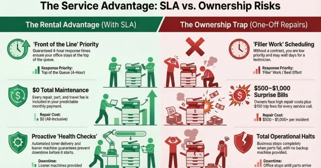 Comparison chart for Fresno offices showing rental benefits like 4-hour response times versus ownership risks like $1,000 surprise repair bills.