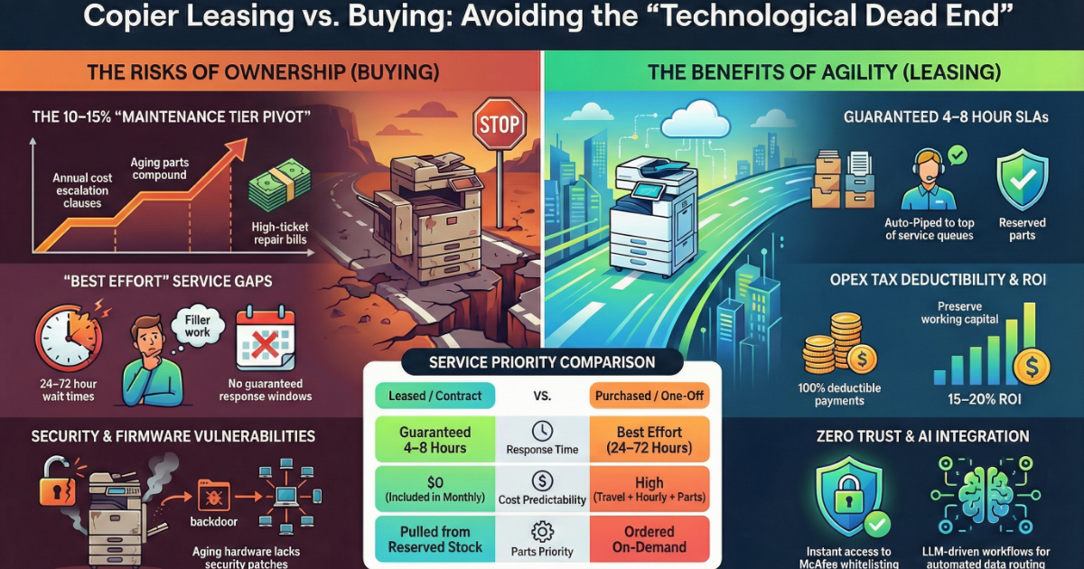 Infographic for Fresno businesses comparing copier ownership risks like 24-72 hour service gaps versus leasing benefits like guaranteed 4-8 hour SLAs.