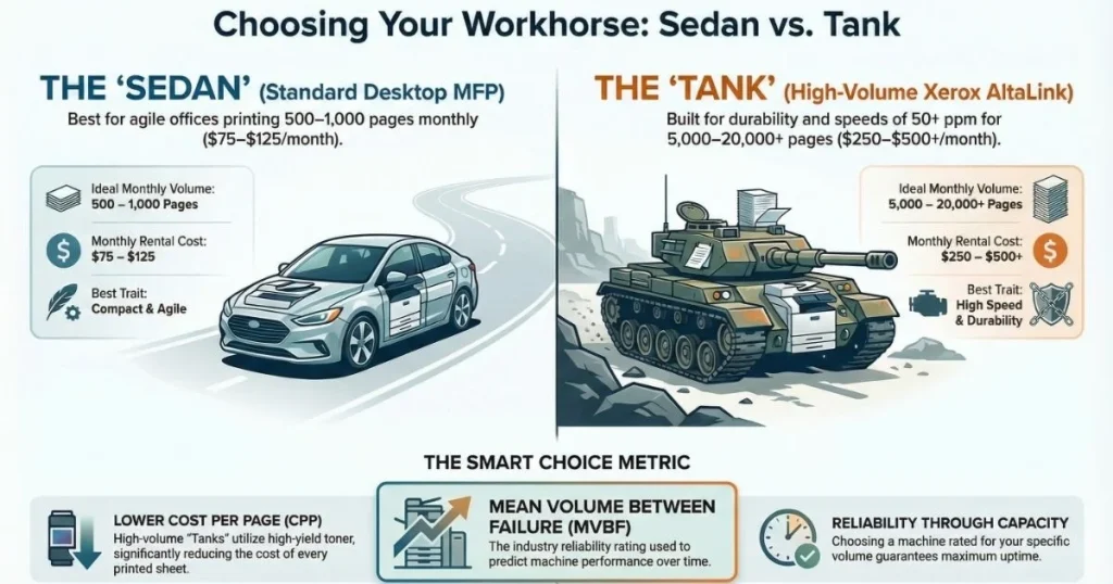 A visual comparison for Fresno business owners between compact desktop MFPs and high-volume Xerox AltaLink "tanks" based on monthly page volume.