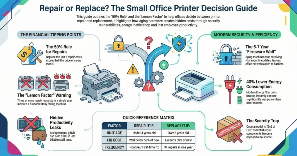 A financial tipping point matrix for Printer Repair in Fresno businesses, highlighting the scarcity trap and firmware security barriers.