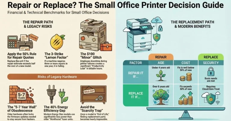 Visual guide for Fresno offices deciding on Printer Repair, featuring the 50% rule, 3-strike lemon factor, and legacy hardware risks.