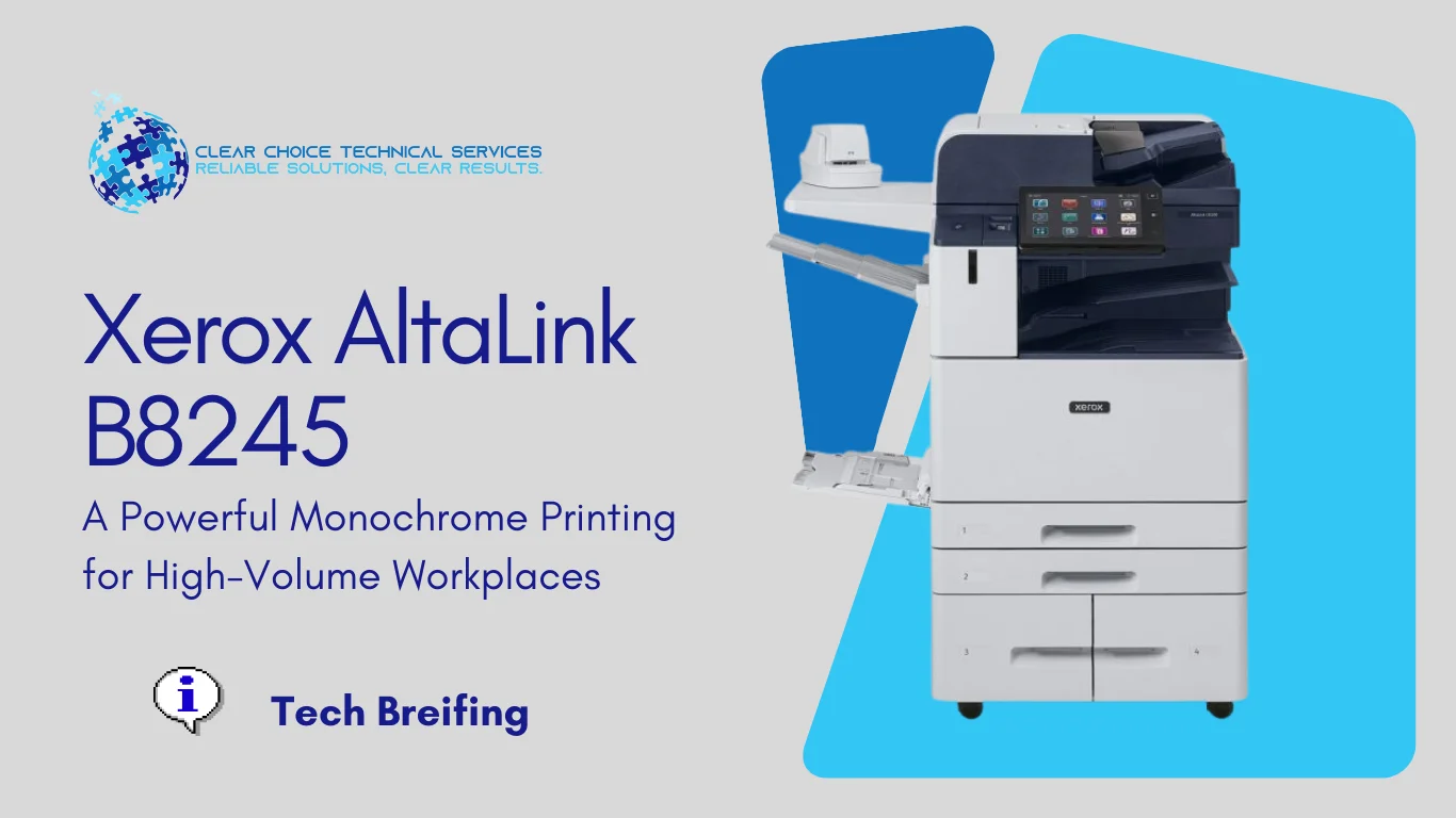 Xerox AltaLink B8245 black-and-white multifunction printer with high-capacity tandem tray and touchscreen interface, serving Fresno, CA 93720.