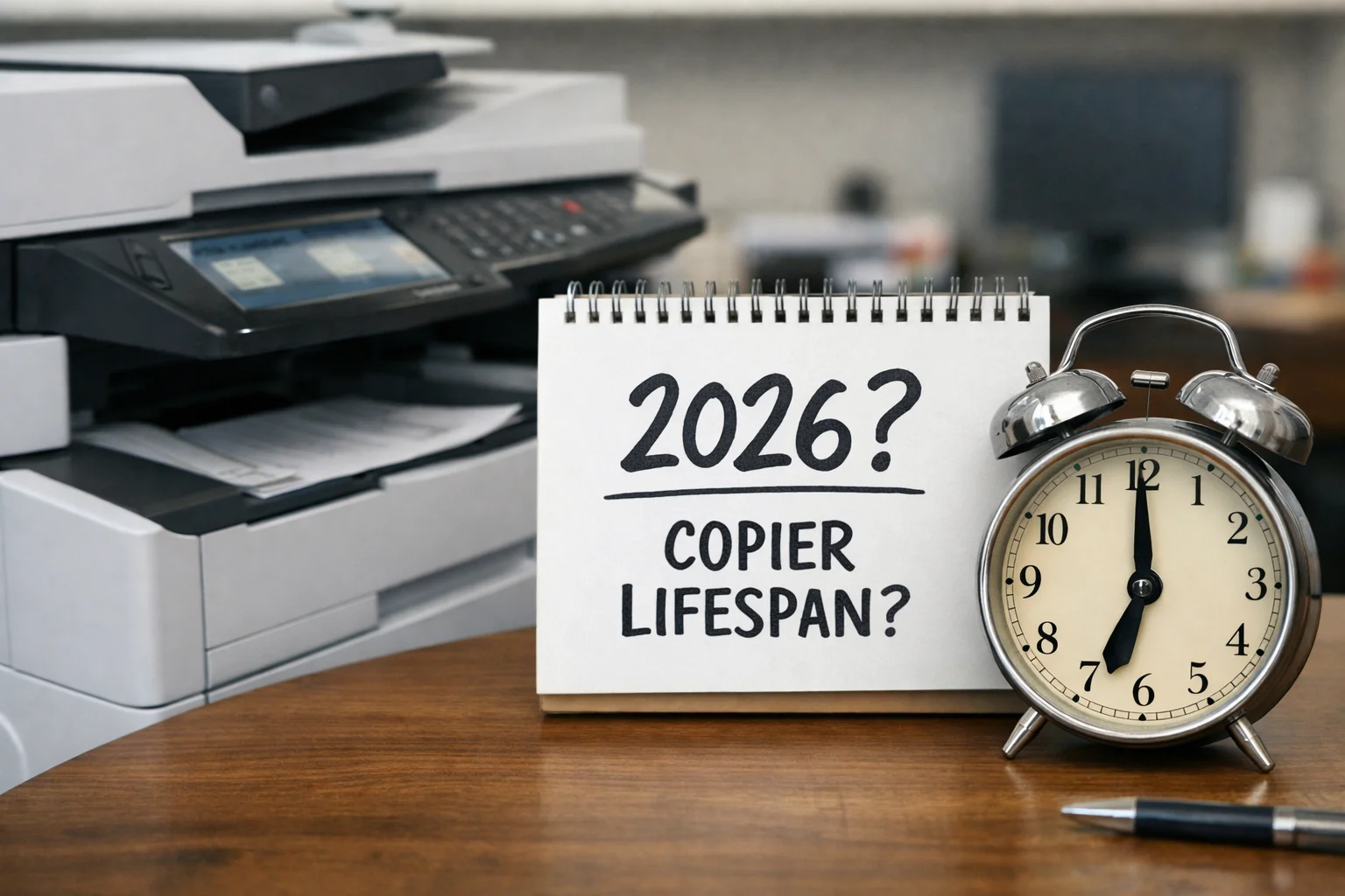 A desktop calendar and alarm clock next to an office copier questioning average machine lifespan for Fresno businesses in 2026.