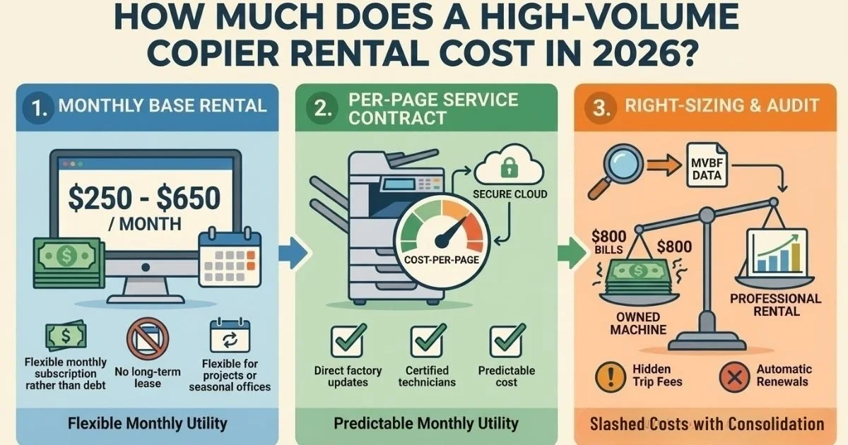 Infographic showing a Fresno Copier Rental Cost between $250 and $650 per month, featuring flexible monthly subscriptions and no long-term debt.