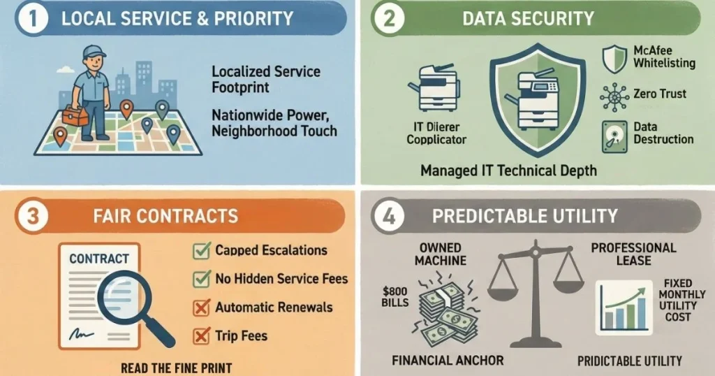 Four-step guide to a Reliable Copier Lease in Fresno, covering local service footprints, Data Security, Fair Contracts, and Predictable Utility.