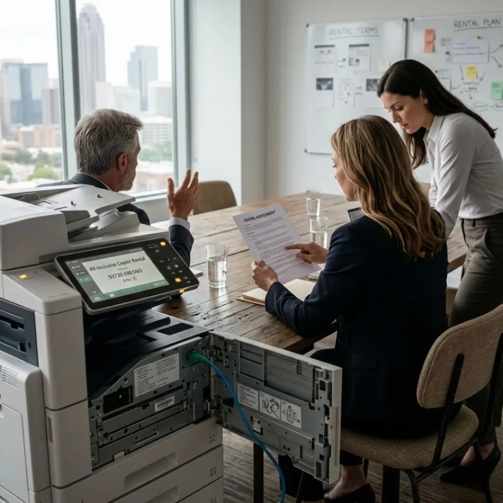 Business professionals reviewing an all-inclusive copier rental agreement next to a modern multi-function device in a Fresno high-rise office.