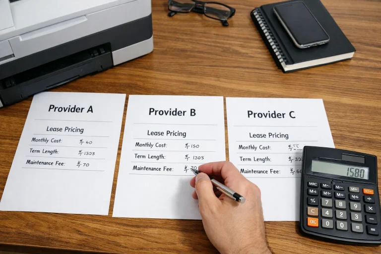 A business professional in Fresno comparing copier lease pricing quotes from three different providers with a calculator and office hardware.