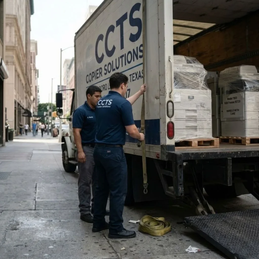 Professional logistics team from CCTS unloading a fleet of rented office copiers from a delivery truck on a Fresno city street.