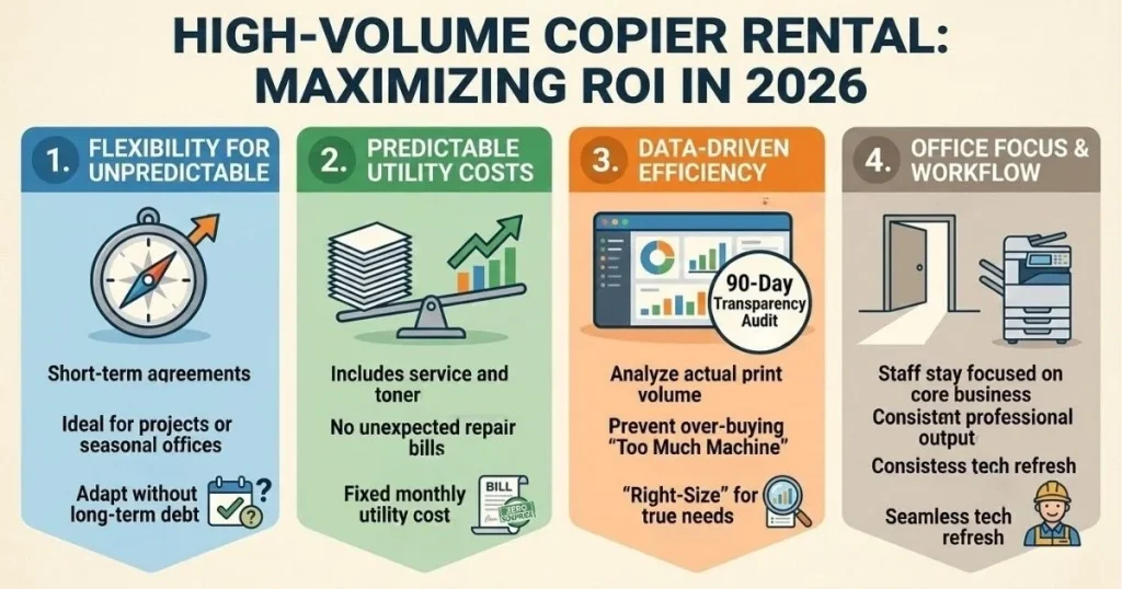Four-step guide to maximizing ROI and managing Copier Rental Cost in Fresno through 90-day transparency audits and data-driven efficiency.