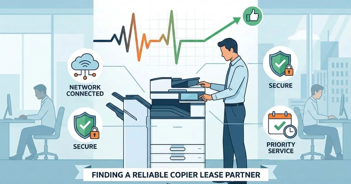 A Fresno technician providing a Reliable Copier Lease, featuring 4-hour SLAs, secure network connectivity, and priority service.