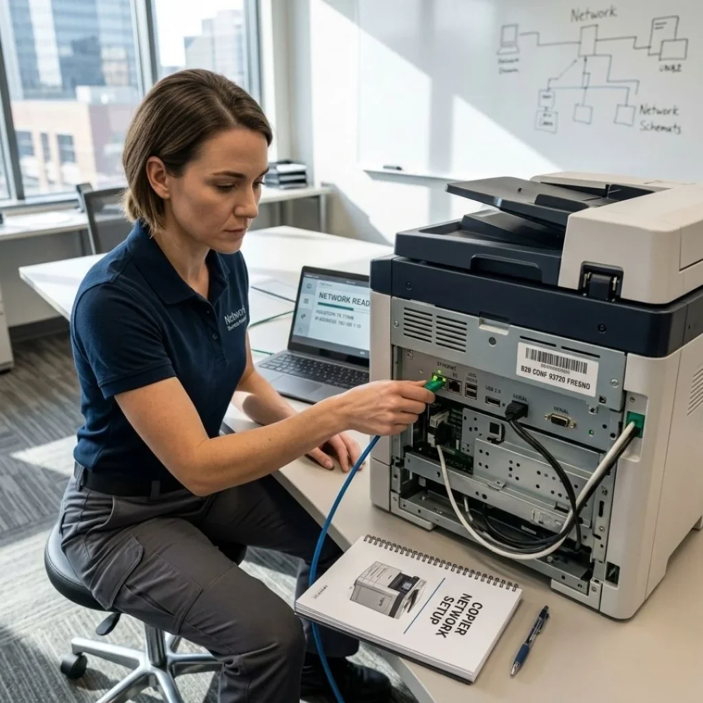 A female technician in a Fresno office performing a secure network connection setup for a multi-function printer rental.
