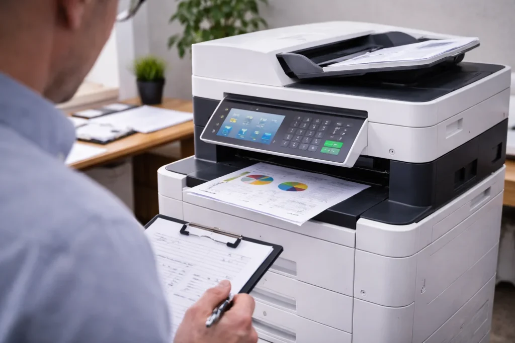 An office worker in Fresno reviewing high-quality color charts from enterprise-grade multifunction copiers.