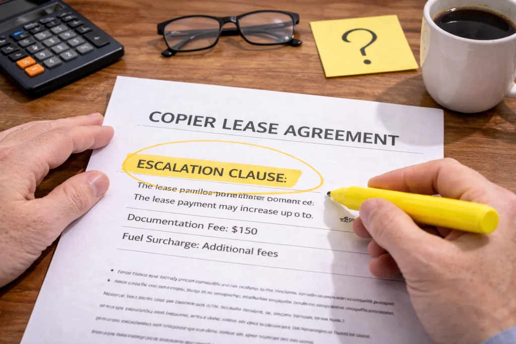 Hand highlighting a clause in a Fresno Copier Lease Agreement to ensure all terms are understood.