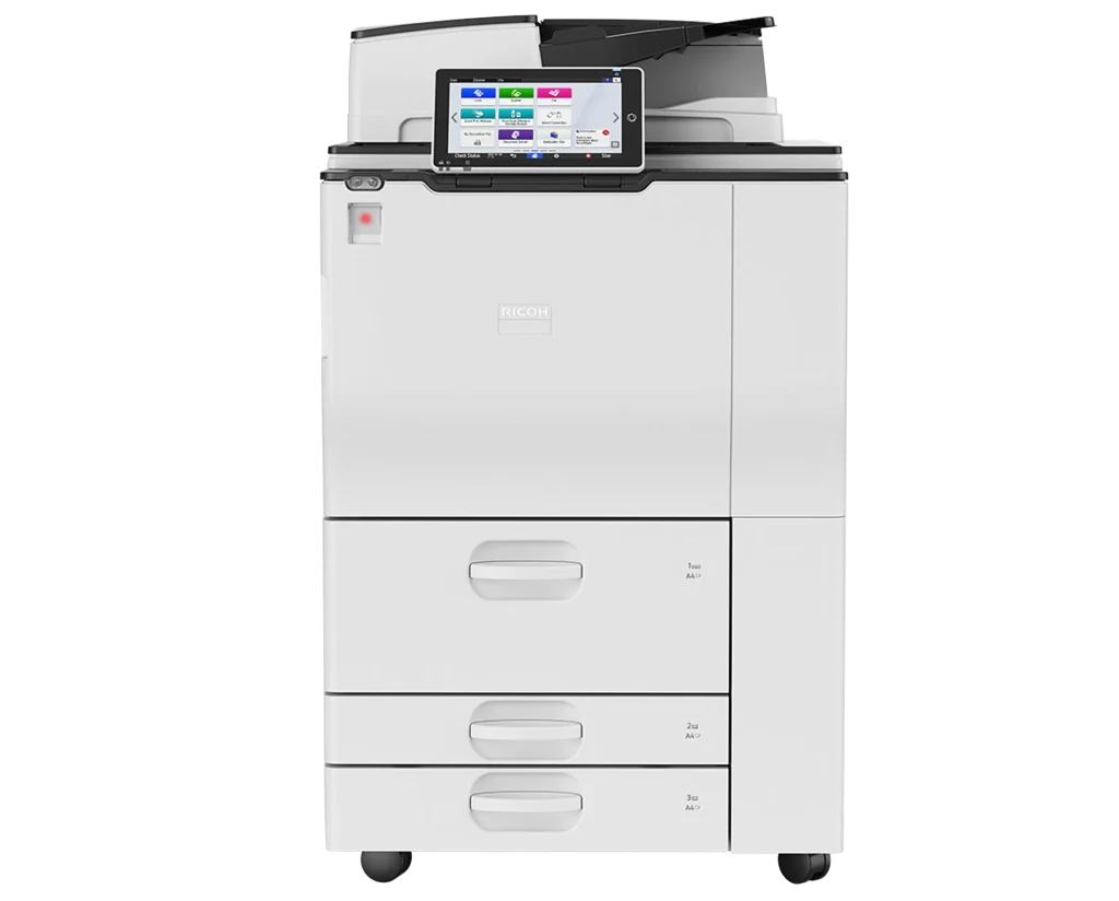 A high-capacity Ricoh multi-function printer available for lease and short-term rental in a Fresno corporate office.