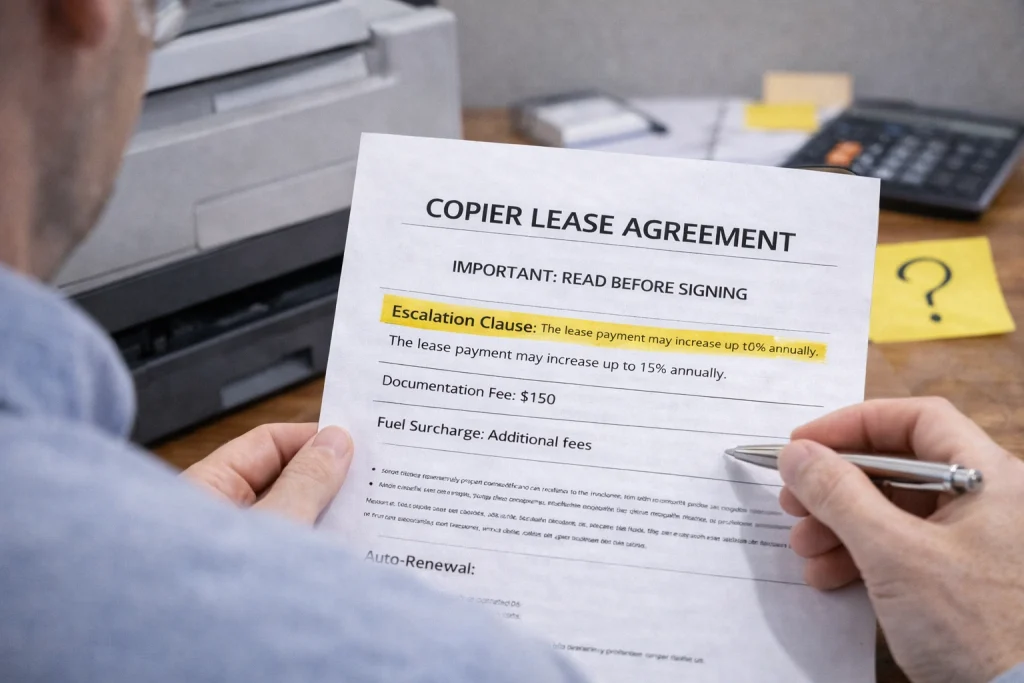 Person reviewing the "Important: Read Before Signing" section of Fresno Copier Lease Agreements.